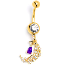 Load image into Gallery viewer, Purple Gem Gold Tone Constellation Moon Dangle Belly Ring
