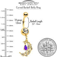 Load image into Gallery viewer, Purple Gem Gold Tone Constellation Moon Dangle Belly Ring
