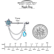 Load image into Gallery viewer, 14G 9/16 Blue CZ Gem Snowflake Flower Chain Dangle Nipple Ring Set
