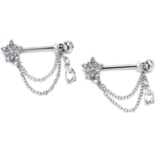 Load image into Gallery viewer, 14G 9/16 Clear CZ Gem Snowflake Flower Chain Dangle Nipple Ring Set
