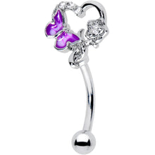 Load image into Gallery viewer, 16G 5/16 Clear CZ Gem Butterfly Rose Purple Curved Eyebrow Ring
