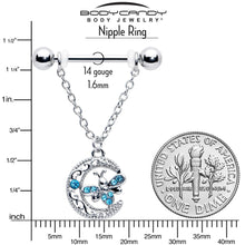 Load image into Gallery viewer, 14G 9/16 Blue Gem Lunar Dragonfly Chain Dangle Nipple Ring Set

