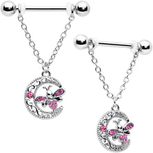 Load image into Gallery viewer, 14G 9/16 Pink Gem Lunar Dragonfly Chain Dangle Nipple Ring Set
