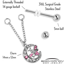 Load image into Gallery viewer, 14G 9/16 Pink Gem Lunar Dragonfly Chain Dangle Nipple Ring Set
