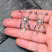 Load image into Gallery viewer, 14G 9/16 Aurora CZ Gem Dreamcatcher Dangle Nipple Ring Set
