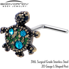Load image into Gallery viewer, 20G 7mm Blue Gem Sweet Sea Turtle L Shape Nose Ring
