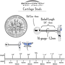 Load image into Gallery viewer, 16G 1/4 Blue CZ Gem Dragonfly Style Cartilage Tragus Earring
