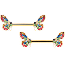 Load image into Gallery viewer, 14G 9/16 Red Blue Gem Gold Tone Butterfly Barbell Nipple Ring Set
