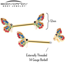 Load image into Gallery viewer, 14G 9/16 Red Blue Gem Gold Tone Butterfly Barbell Nipple Ring Set
