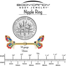 Load image into Gallery viewer, 14G 9/16 Red Blue Gem Gold Tone Butterfly Barbell Nipple Ring Set
