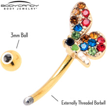 Load image into Gallery viewer, 16G 5/16 Red Blue Gem Gold Tone Butterfly Curved Eyebrow Ring
