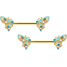Load image into Gallery viewer, 14G 9/16 Blue Gem Gold Hue Ribbon Butterfly Barbell Nipple Ring Set
