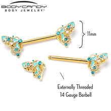 Load image into Gallery viewer, 14G 9/16 Blue Gem Gold Hue Ribbon Butterfly Barbell Nipple Ring Set
