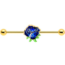 Load image into Gallery viewer, 14G Blue Gem Gold Tone Deep Blue Flower Industrial Barbell 38mm
