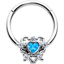 Load image into Gallery viewer, 16G 3/8 Blue Clear CZ Gem Heart Pair Hinged Segment Ring

