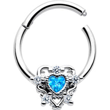 Load image into Gallery viewer, 16G 3/8 Blue Clear CZ Gem Heart Pair Hinged Segment Ring
