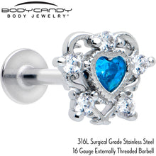 Load image into Gallery viewer, 16G 5/16 Blue Clear CZ Gem Heart Pair Labret Monroe Tragus
