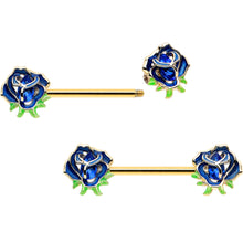 Load image into Gallery viewer, 14G 9/16 Blue Gem Gold Hue Deep Blue Flower Barbell Nipple Ring Set
