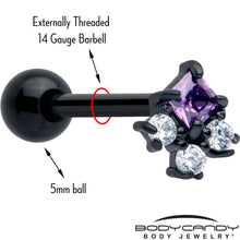 Load image into Gallery viewer, Purple CZ Gem Black Rhombus Riot Barbell Tongue Ring
