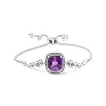 Load image into Gallery viewer, .925 Sterling Silver 10mm Cushion Cut Amethyst Gemstone and Diamond Accent Lariat 4â€-10â€ Adjustable Bolo Bracelet (H-I Color, SI1-SI2 Clarity)
