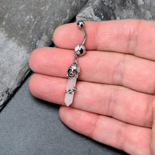 Load image into Gallery viewer, Pink Rose Quartz Skull Obelisk Rose Dangle Belly Ring
