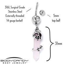 Load image into Gallery viewer, Pink Rose Quartz Skull Obelisk Rose Dangle Belly Ring
