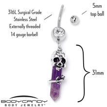 Load image into Gallery viewer, Purple Amethyst Skull Obelisk Rose Dangle Belly Ring
