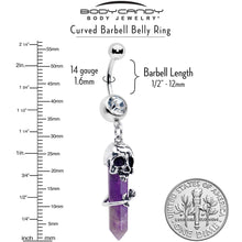 Load image into Gallery viewer, Purple Amethyst Skull Obelisk Rose Dangle Belly Ring
