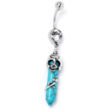 Load image into Gallery viewer, Blue Turquoise Skull Obelisk Rose Dangle Belly Ring
