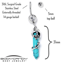 Load image into Gallery viewer, Blue Turquoise Skull Obelisk Rose Dangle Belly Ring
