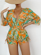 Load image into Gallery viewer, Island Bloom 3-Piece Bikini Set for Women – Tropical Leaf Print Fluttering Swimwear with Flattering Halter Neck Top High Waist Bottoms &amp; Adjustable Drawstring Cover Up – Perfect for Koningsdag Celebrations &amp; Summer Adventures
