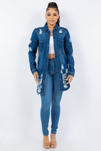 Load image into Gallery viewer, American Dark Blue Bazi Distressed Button Up Long Sleeve Jacket Trendy Buttoned Jacket with Distressed Finish for Women
