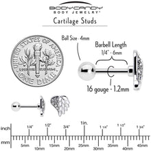 Load image into Gallery viewer, 16G 1/4 Clear Gem Heavenly Heart Angel Wing White Cartilage Stud
