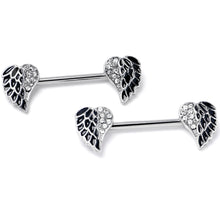 Load image into Gallery viewer, 14G 9/16 Clear Gem Heavenly Heart Angel Wing Black Nipple Ring Set
