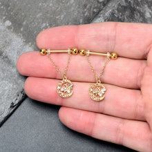 Load image into Gallery viewer, 14G 3/4 Clear Gem Gold Tone Lunar Dragonfly Dangle Nipple Ring Set

