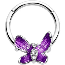 Load image into Gallery viewer, 16G 3/8 Clear Gem Chunky Butterfly Purple Hinged Segment Ring
