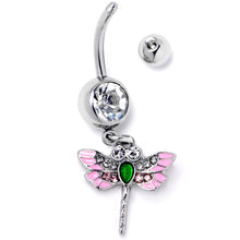 Load image into Gallery viewer, Pink Clear Gem Bright Dragonfly Pink Dangle Belly Ring
