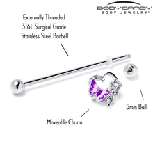Load image into Gallery viewer, 14G Clear Gem Butterfly Rose Flower Purple Industrial Barbell 38mm
