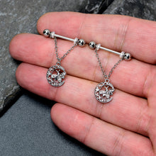 Load image into Gallery viewer, 14G 9/16 Clear Gem Lunar Dragonfly Chain Dangle Nipple Ring Set
