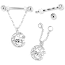 Load image into Gallery viewer, 14G 9/16 Clear Gem Lunar Dragonfly Chain Dangle Nipple Ring Set
