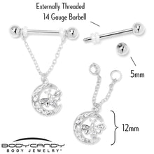 Load image into Gallery viewer, 14G 9/16 Clear Gem Lunar Dragonfly Chain Dangle Nipple Ring Set
