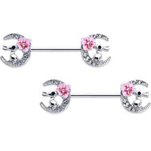 Load image into Gallery viewer, 14G 9/16 Clear Gem Rabbit On Moon Flower Pink Nipple Ring Set
