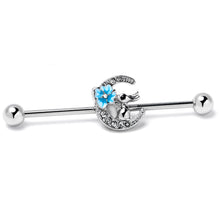 Load image into Gallery viewer, 14G Clear Gem Rabbit On Moon Flower Blue Industrial Barbell 38mm
