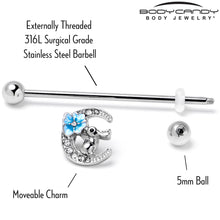 Load image into Gallery viewer, 14G Clear Gem Rabbit On Moon Flower Blue Industrial Barbell 38mm
