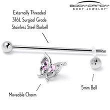 Load image into Gallery viewer, 14G Pink Gem Fancy Fab Butterfly Industrial Barbell 38mm

