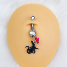 Load image into Gallery viewer, Clear Gem Butterfly Black Cat Dangle Belly Ring
