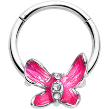 Load image into Gallery viewer, 16G 3/8 Clear Gem Chunky Butterfly Pink Hinged Segment Ring
