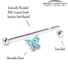 Load image into Gallery viewer, 14G Blue Gem Baroque Beauty Butterfly Industrial Barbell 38mm
