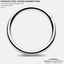 Load image into Gallery viewer, 16G 9mm 316L Surgical Steel Precision Hinged Segment Hoop
