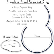 Load image into Gallery viewer, 16G 13mm 316L Surgical Steel Precision Hinged Segment Hoop
